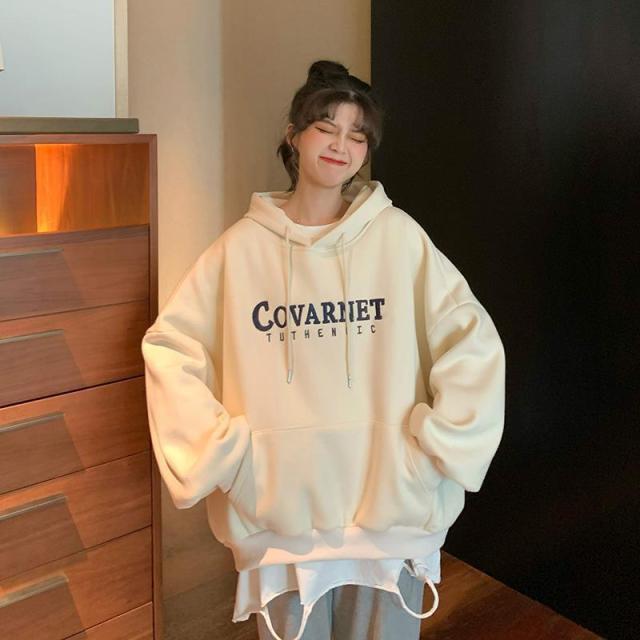 Autumn Winter Girl Korean Version Oversized Hoodies Street Style Letter Embroidery Sweatshirt Fleece Thick Pullover Tops Femmes