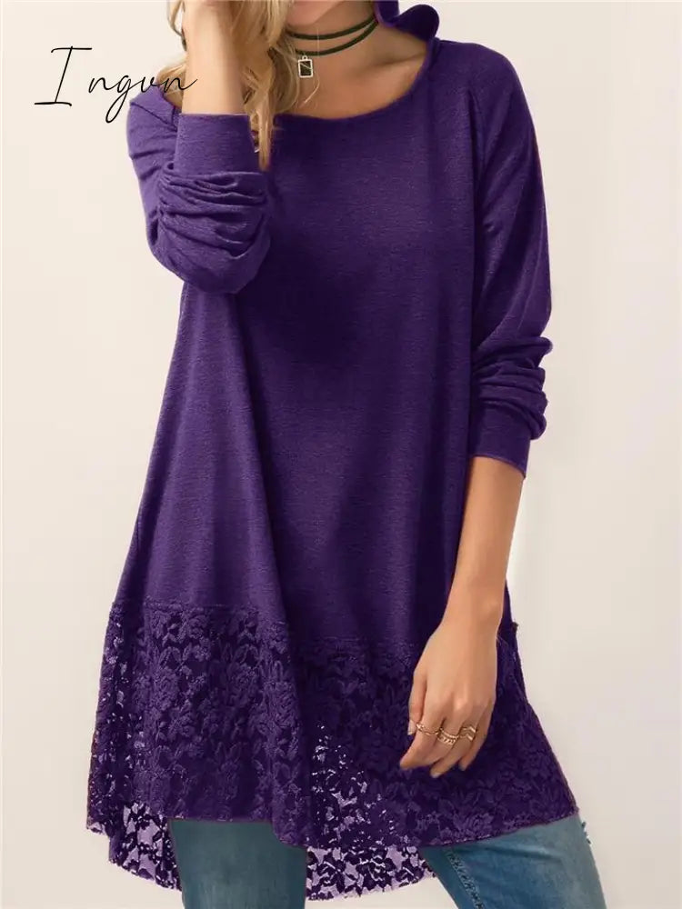 Ingvn - Women Pure Color Lace Patchwork Long Sleeve T-shirt With Hood