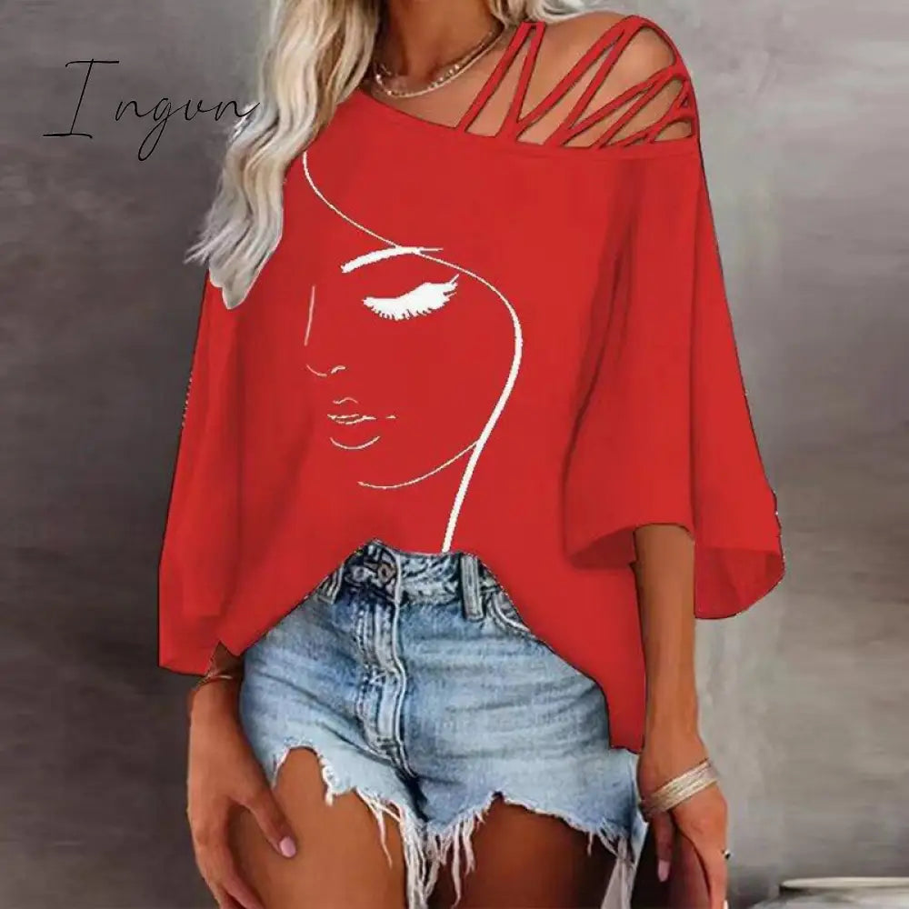 Ingvn - Retro Abstract Print Women Tee Shirts Spring Skew Collar Bandage Hollow Top Pullover Autumn Half Sleeve Office Lady T-shirt
