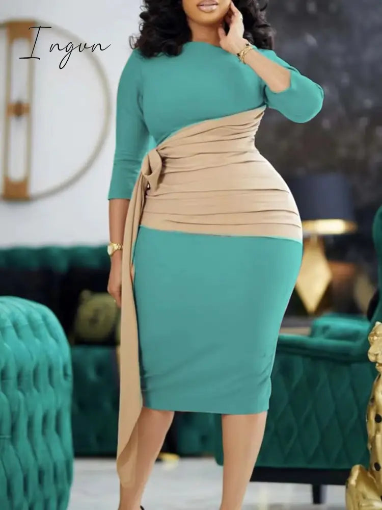 Ingvn - Autumn Fashion Elegant Colorblock Lace-Up Dress Women Office Ladies OL Colorblock Slim Dress Women