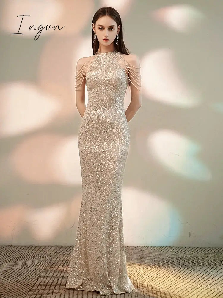 Ingvn - Trends high quality Elegant Off Shoulder Beaded Sequin Evening Dress Women Sliver Party Bodycon Maxi Dress