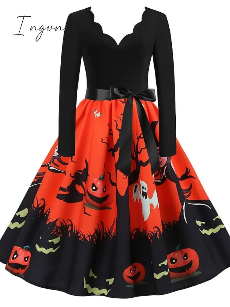 Ingvn - Women‘s Halloween Dress A Line Dress Knee Length Dress White Blue Orange Long Sleeve Print Pumpkin Ghost Patchwork Bow Print Fall Winter V Neck Hot Elegant Vintage Slim 2023 S M L XL XXL