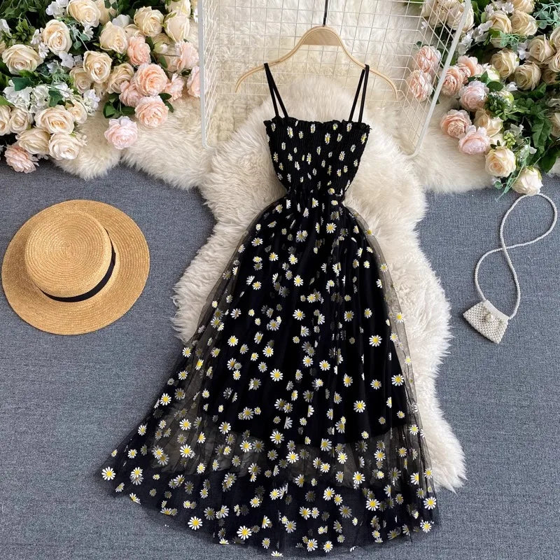 Women Dress 2025 New Korean Fashion Floral Print Spaghetti Straps Mesh Party Dress Vacation Style Lady Beach Vestidos