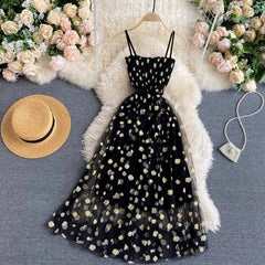Women Dress 2025 New Korean Fashion Floral Print Spaghetti Straps Mesh Party Dress Vacation Style Lady Beach Vestidos
