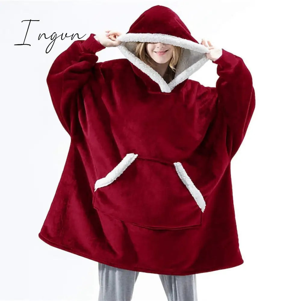 Ingvn - Women‘s Couple‘s Pajamas Nightgown Hoodie Blanket Wearable Blanket Christmas Grid / Plaid Pure Color Plush Simple Comfort Home Party Fleece Warm Gift Patchwork Pocket Fall Winter Black Gray
