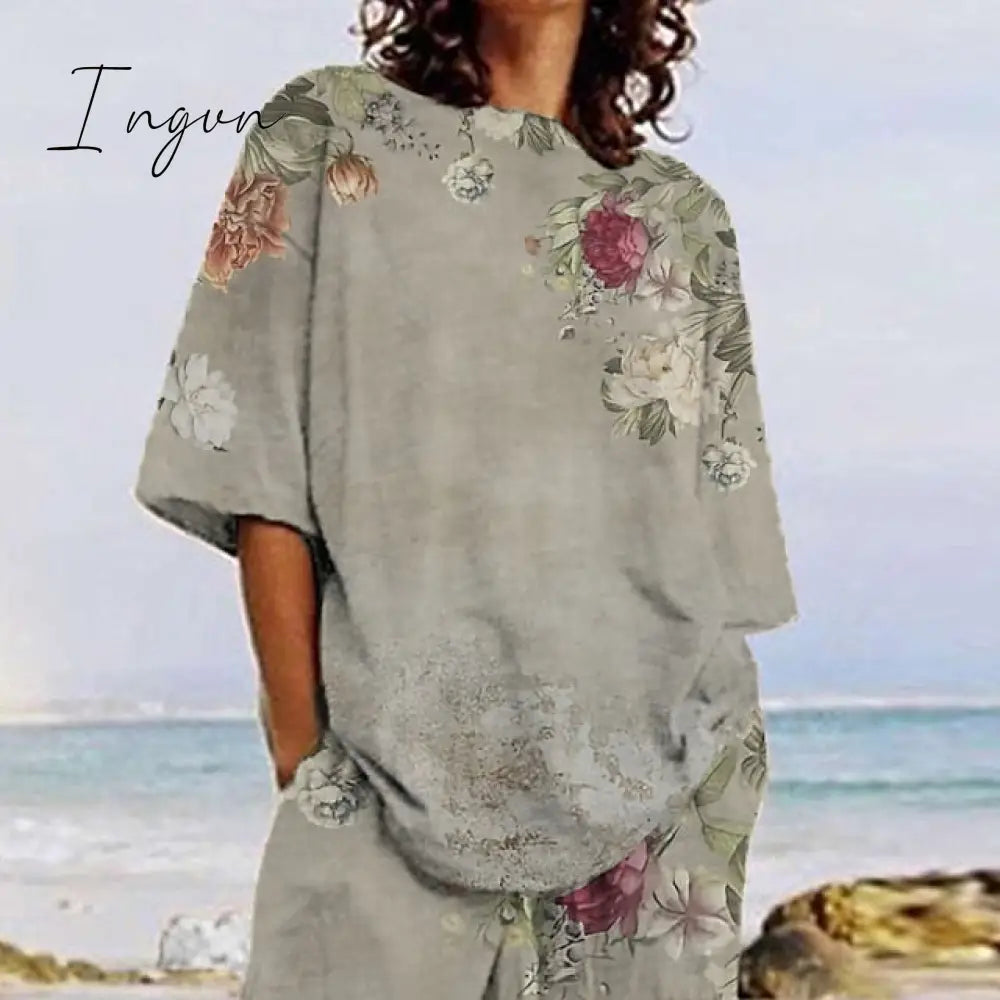 Ingvn - Women's Loungewear Sets Nighty 2 Pieces Flower Comfort Sweet Home Daily Polyester Crew Neck Half Sleeve Spring Summer Green