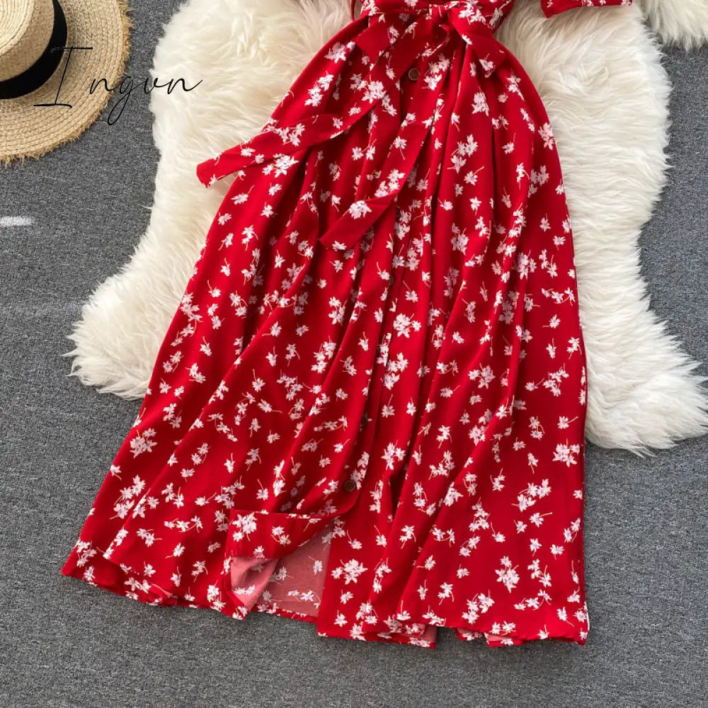 Ingvn - beach Red elegant sexy Dress women Summer Autumn V-neck polka dot midi dress waist split dress vestidos de fiesta clothes