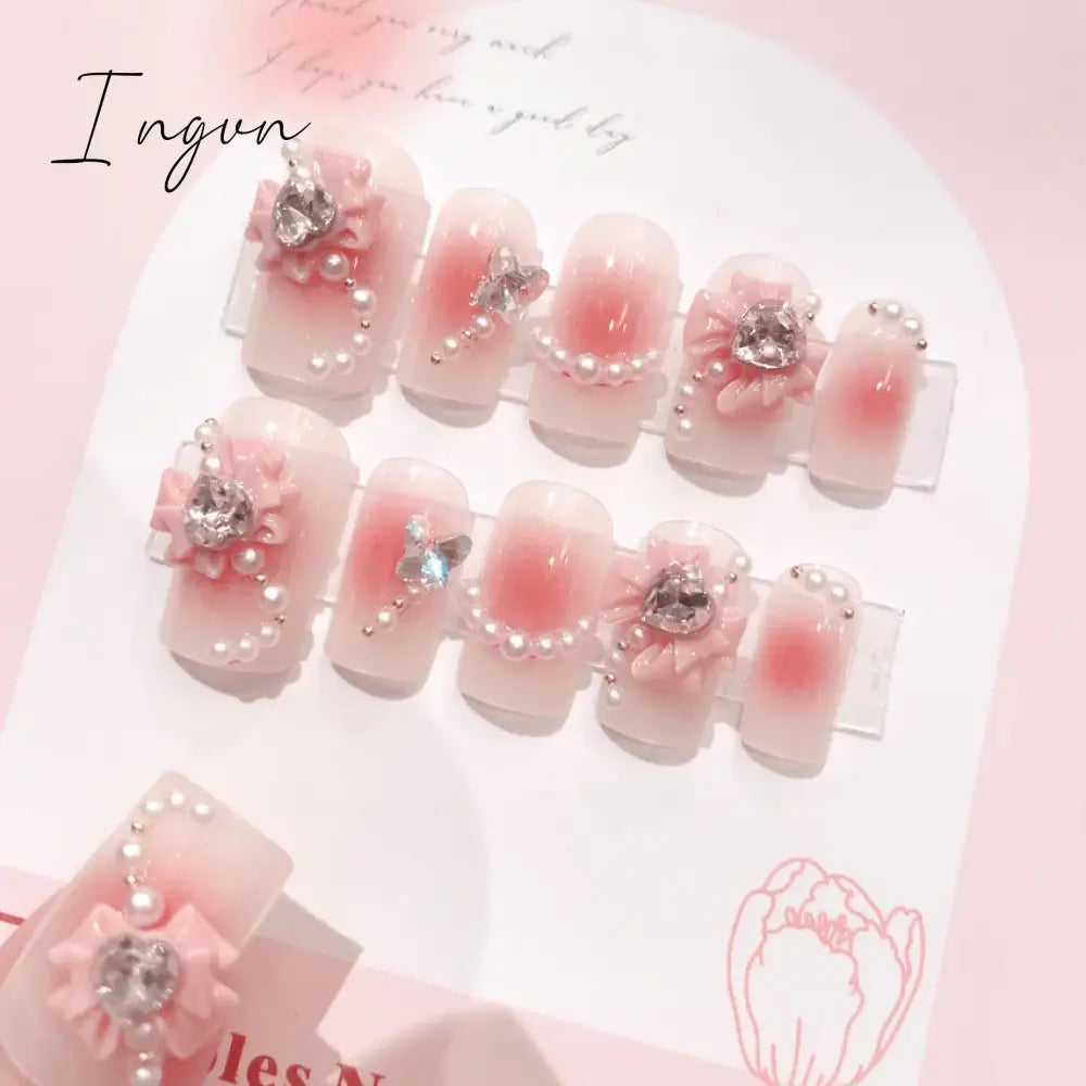 Glitter Fairy Rhinestone False nail Tips for Bride lady Wearable Sweet Crystal Design Press on Nails Mid Length Fake Nail Patch