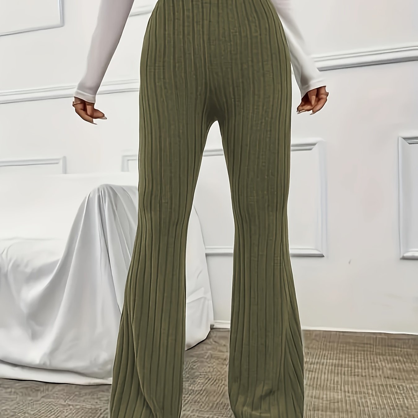 Elegant Ribbed Polyester Long Pants - High Elasticity, Solid Chic, Easy Care, Perfect for Spring & Fall