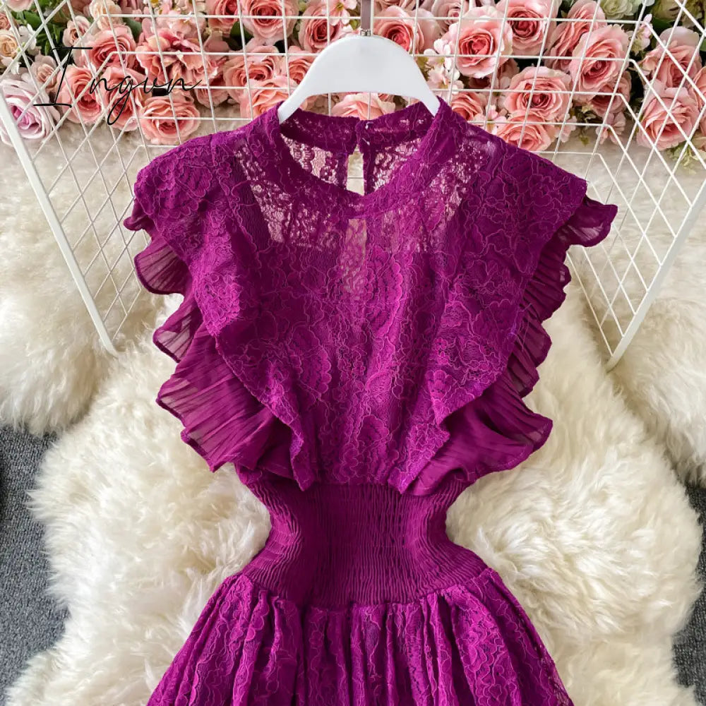 Ingvn - Vintage Purple/Green/Red Lace Midi Dress Women Sweet Round Neck Ruffle Vestidos Female High Waist Slim Robe Spring Autumn