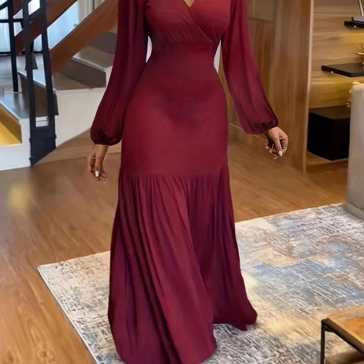 Stunning Ruched Maxi Dress - Elegant V Neck, Lantern Long Sleeves, Party-Perfect, Women's Clothing for Special Occasions