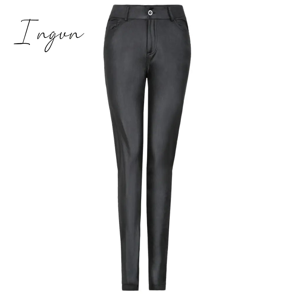 Ingvn - PU Leather Pants Women High Waist Button Zipper Slim Push Up Woman Pencil Pants Casual Pockets Blue Skinny Women Pants Plus Size