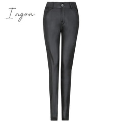 Ingvn - PU Leather Pants Women High Waist Button Zipper Slim Push Up Woman Pencil Pants Casual Pockets Blue Skinny Women Pants Plus Size