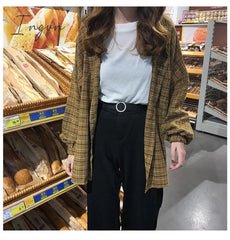 Ingvn - New Woman Vent Vintage Plaid Shirt Single Breasted Turn down Collar Cotton Long Sleeve Button Feminina Sales T8D512Z