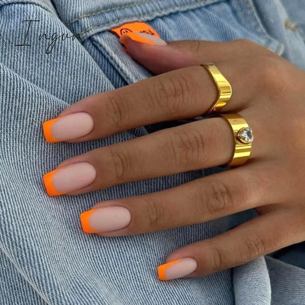 24Pcs French Tip  Press on Nails Short Coffin False Nails Simple Wearable Fake Nails Frosted Full Cover Press on Nail Tips Art