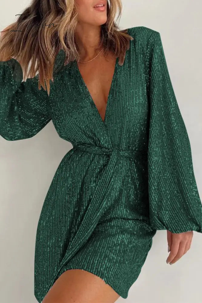 Ingvn- Solid Bandage Sequins V Neck Loose Rompers