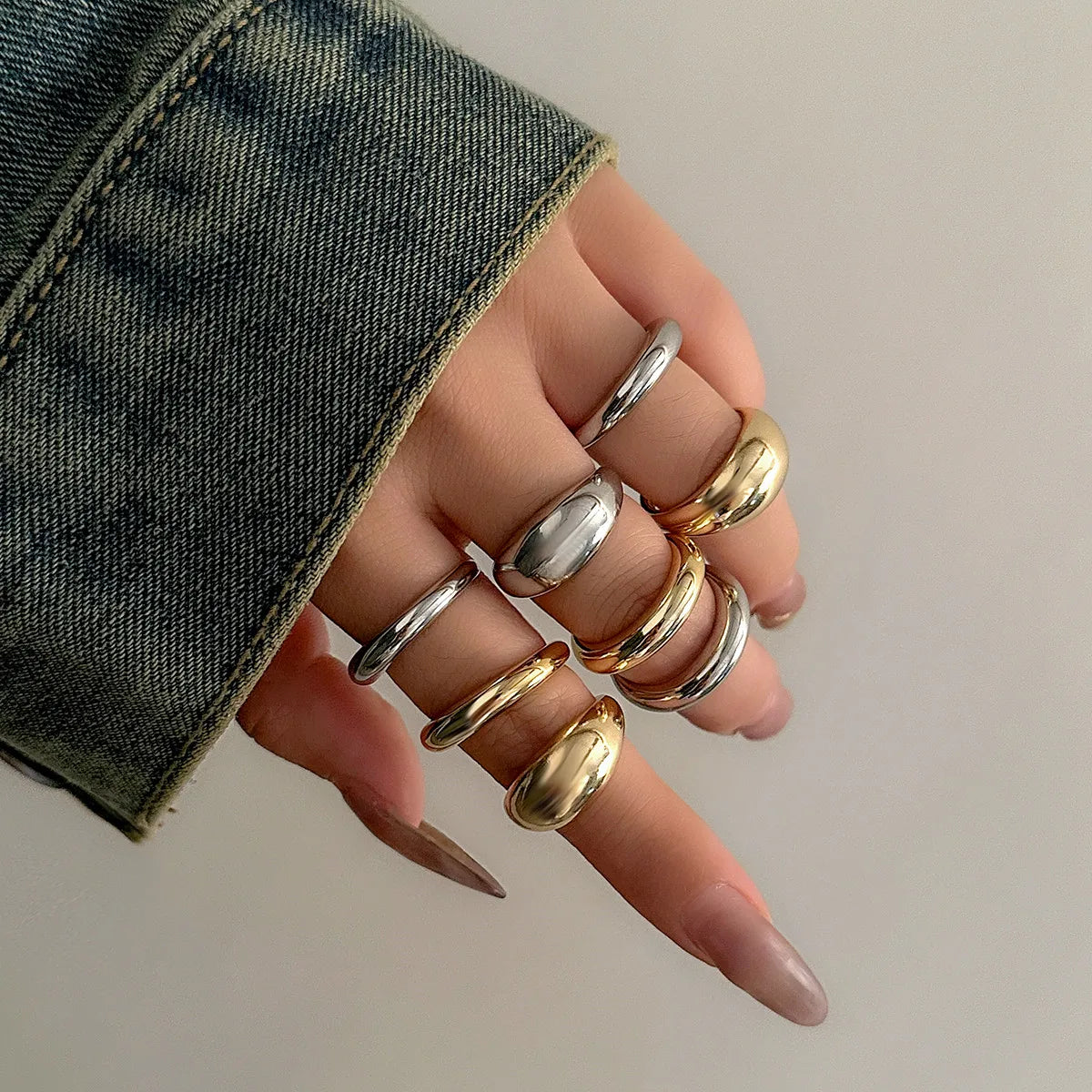 INGVN  8Pcs/Set Creative Smooth Water Drop Rings for Women Vintage Geometric Adjustable Open Finger Nail Ring Couple Wed Accessories