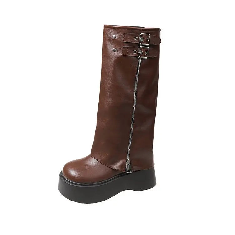 New Autumn Versatile Women's Platform Flat Heel Women's Long Boots Fashion Zipper Rider Botas Casual Goth Knee-high Boots