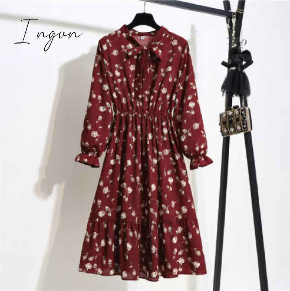 Ingvn - 11 Style Beautiful Fashion Summer Women Long Sleeve Dress Retro Collar Casual High Waist Dresses Floral Print Chiffon Clothing