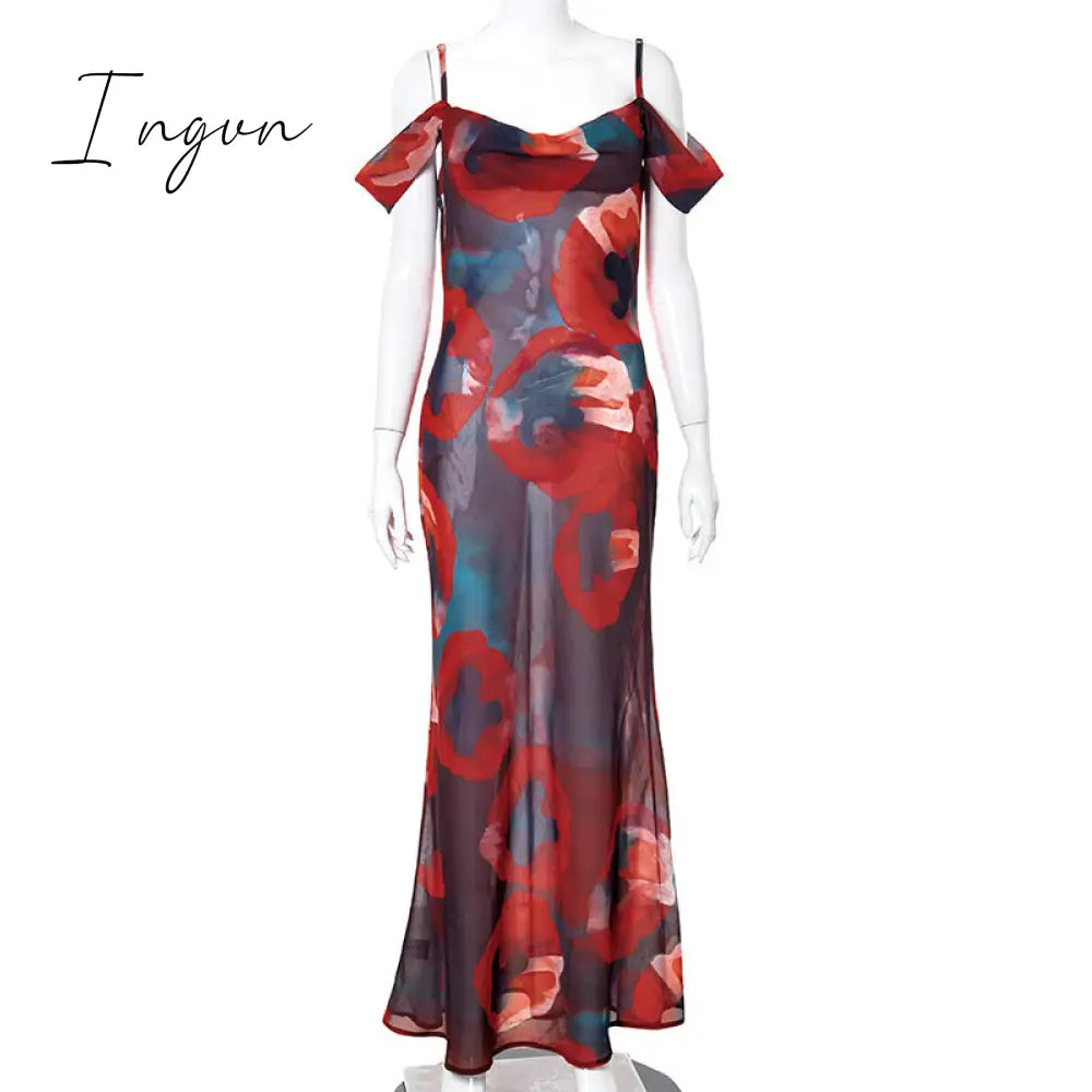 Ingvn - Outfits Summer New Beach Vacation Bohemian Fashion Shoulder Straps Sleeveless High Waist One Shoulder Temperament Elegant Long Dress