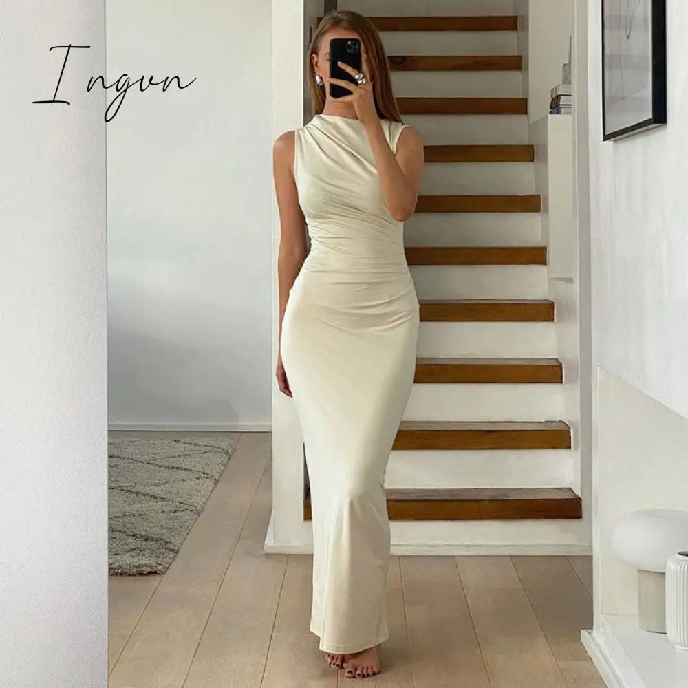 Ingvn - Tossy Pleated Sleeveless Slim Maxi Dress For Women Solid Fashion Elegant Party Dress Gown Off-Shoulder High Waist Bodycon Dress