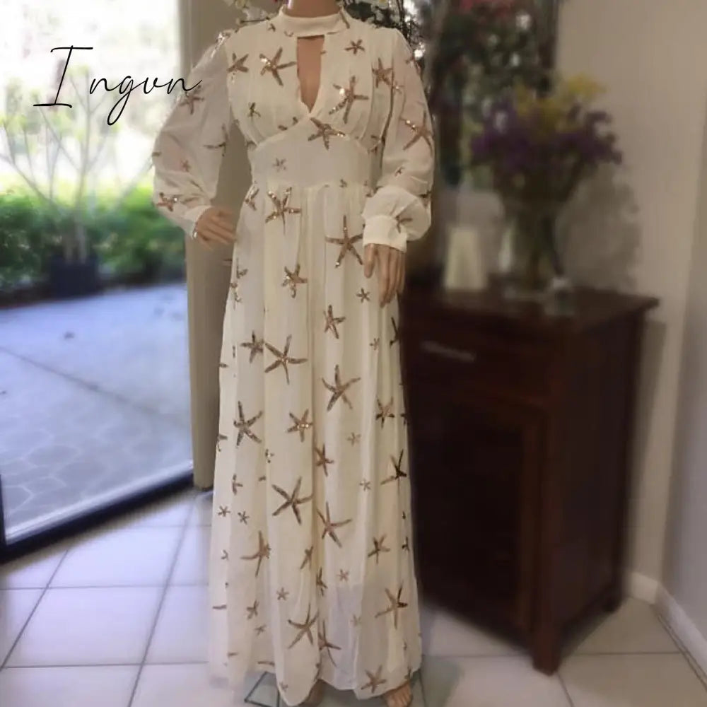 Ingvn - Elegant Women Party Chiffon Dress Sequined Detail Design Slim Waist Dress Classy Formal High Slit Long Maxi Dress