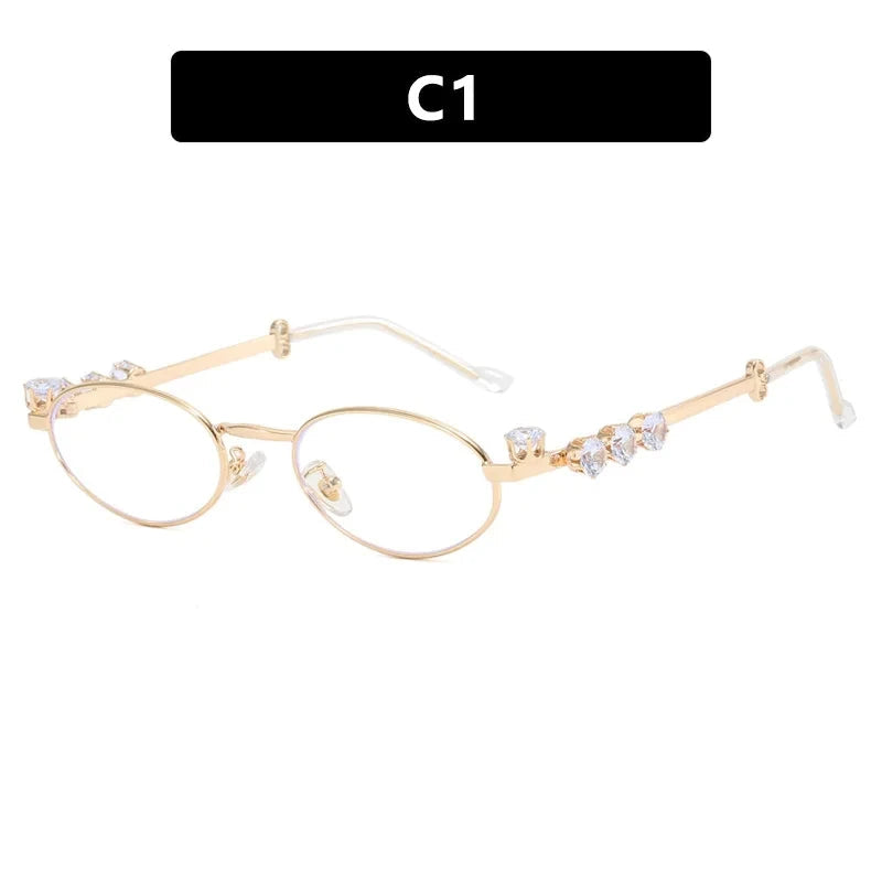 INGVN  Metal Oval Shades Women Men Rhinestone Diamonds Sunglasses 2024 Unisex Bling Eyeglasses Frames  Uv400 Fashion Eyewear Glasses