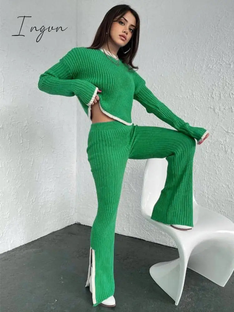 Ingvn - Clothes Outfits For Women Tracksuits Casual Tops Pants Slit Set Solid Knit Sweaters 2 Piece Matching Sets Elegant