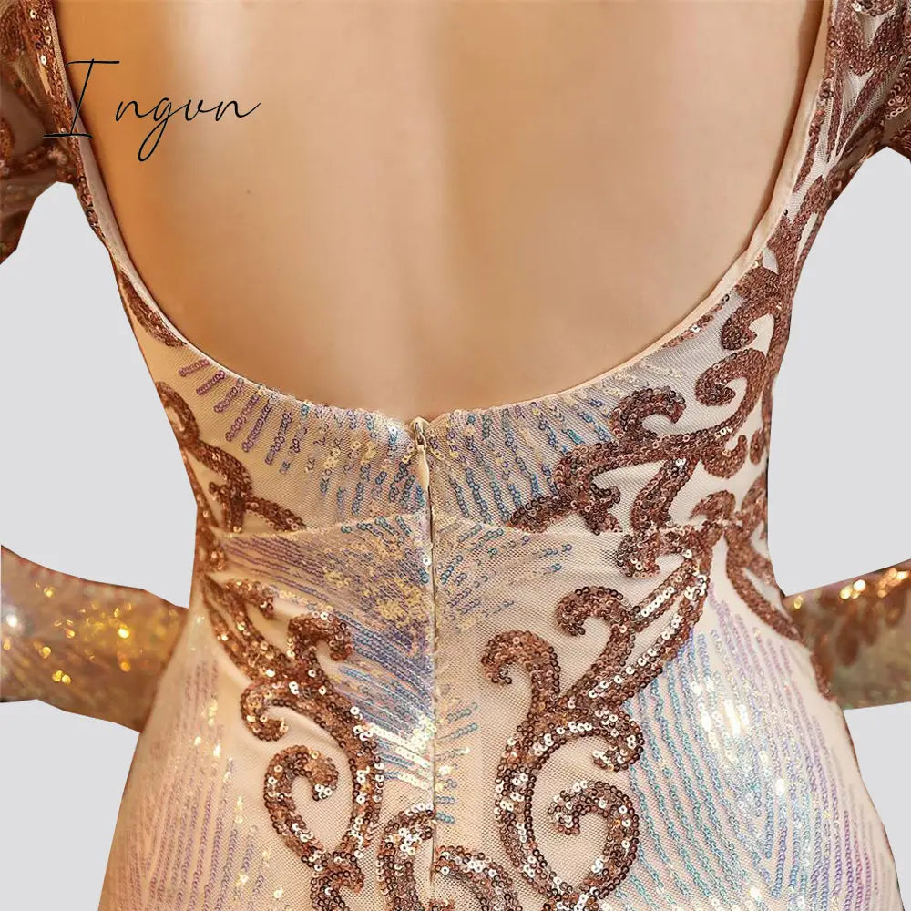 Ingvn - Hot Sale O-neck Long-Sleeve Shinning Sequins Evening Dresses Sexy Backless Mermaid Party Gowns Maxi Elegant Multi Female Robes vestidos