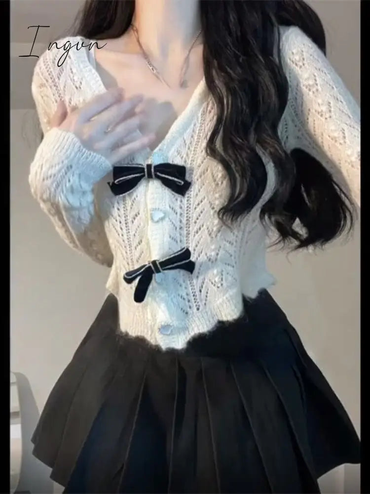 Ingvn - 2023 Autumn Vintage Knitted Suits Women Casual Long Sleeve Y2k Crop Tops Blouse + Black Mini Skrit 2 Piece Dress Set Office Lady