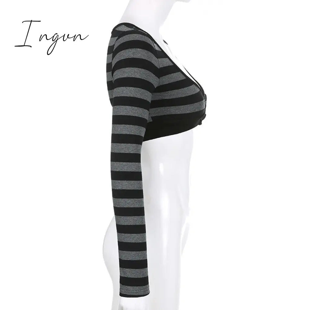 Ingvn - Y2K Striped Crop Top Button Knitted Full Sleeve T Shirt V Neck Vintage Grunge Tee Autumn Winter Women Harajuku Outfits