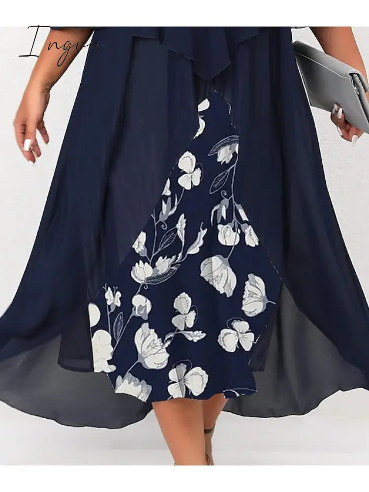 Ingvn - Women's Plus Size Curve Work Dress Floral V Neck Ruched 3/4 Length Sleeve Spring Summer Work Elegant Midi Dress  Layered Formal Vacation Dress
