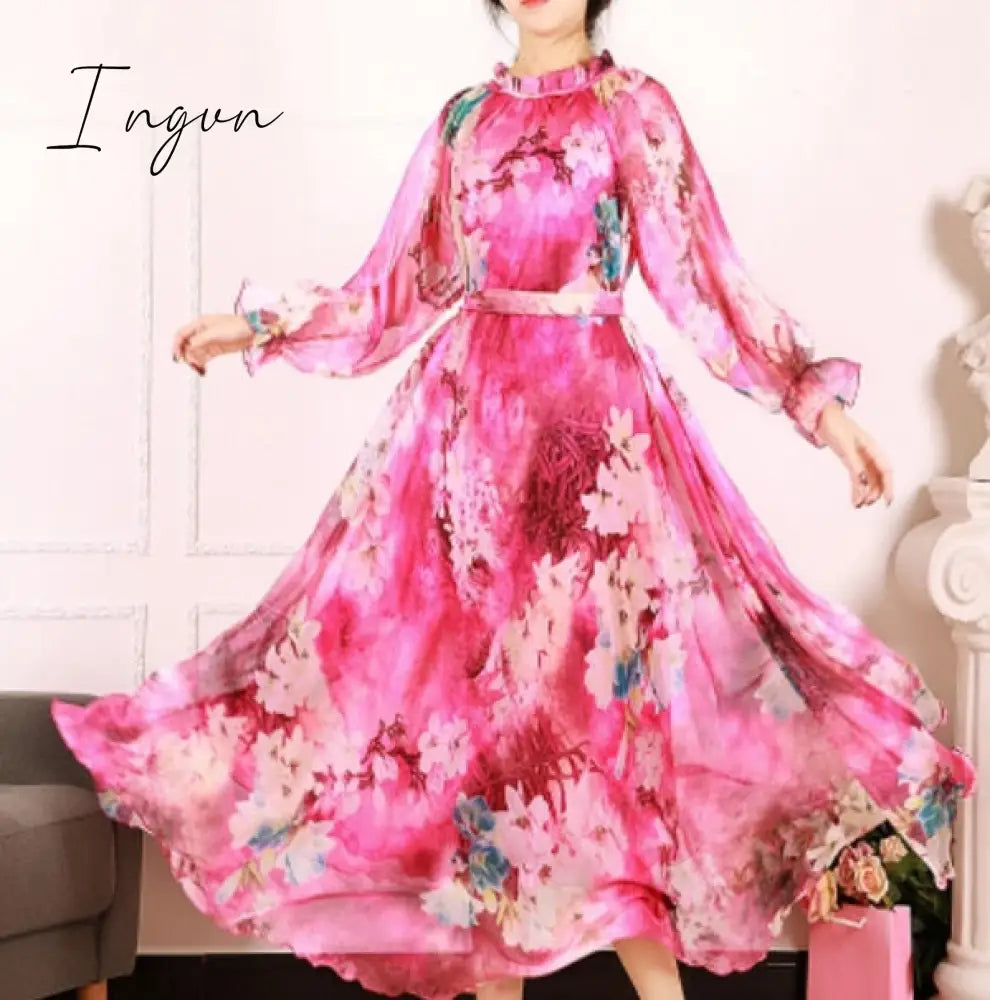 Ingvn - 2023 New Arrives Chiffon Long Sleeve Floral Print Dress Boho Plus Size Women Beach Party Garden Maxi Dress Elegant Vestidos Robe