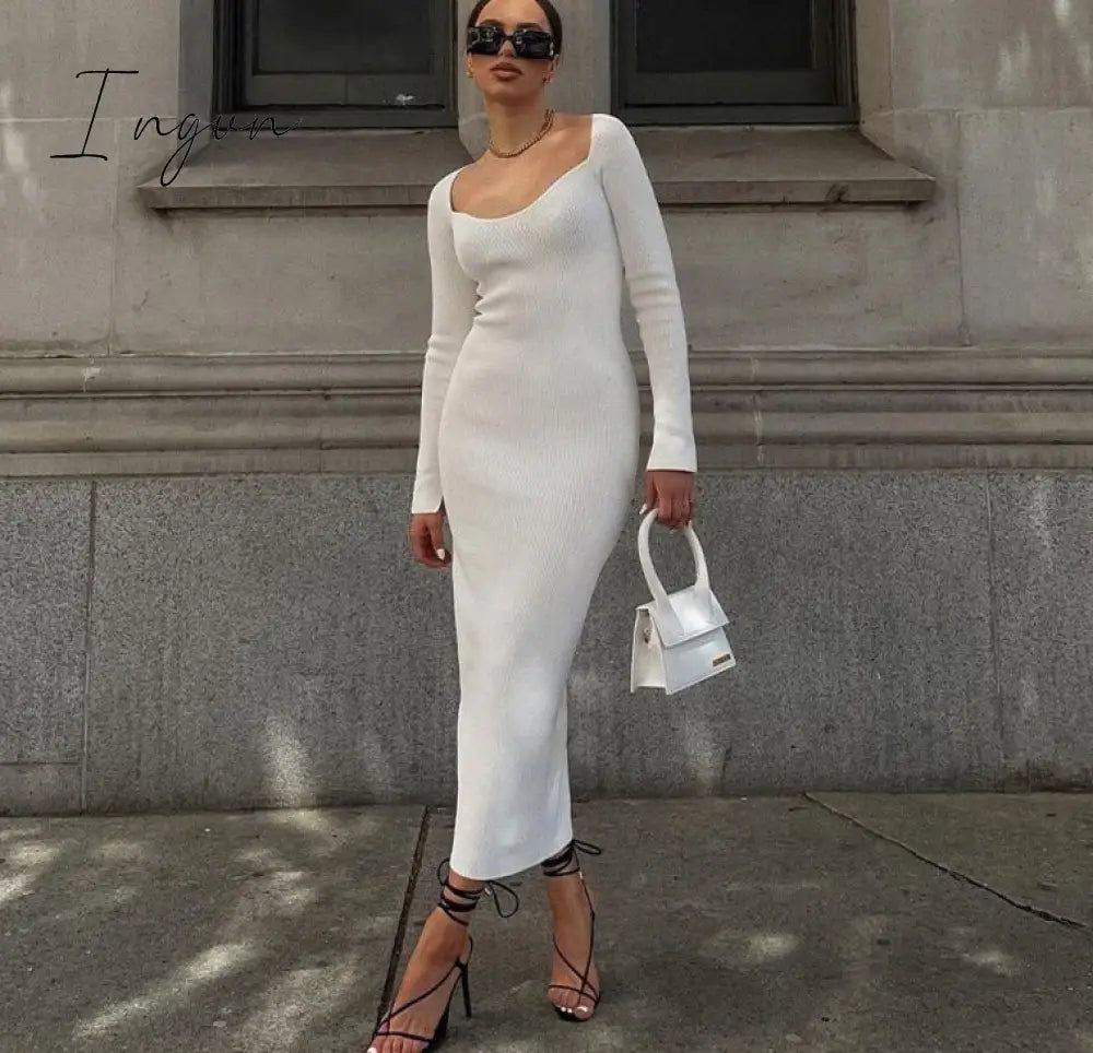 Ingvn - Bodycon Knitted Women Sweater Dress Long Sleeve Sexy Off Shoulder Split Elegant Party Dresses Fashion Autumn Winter