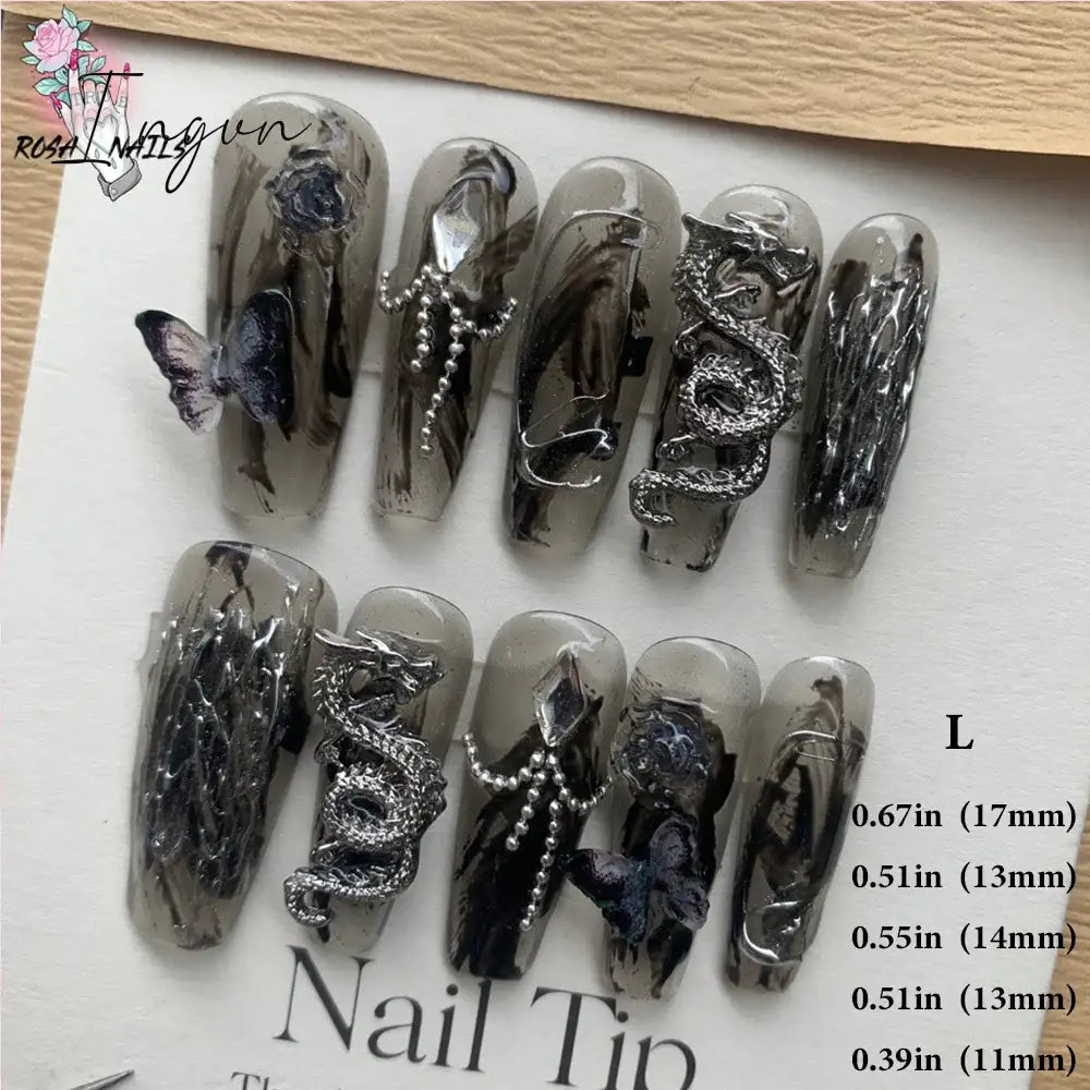 Punk Dragon Charms Press on Nail Artificial Long False Nails XS Black Dragons Goth Presson Tips Butterfly Fake Nail y2k Pressons