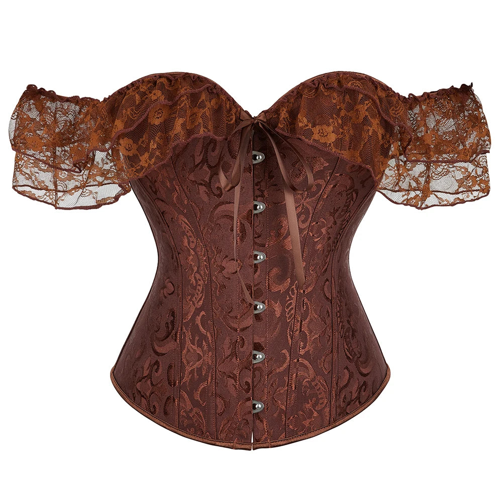 Voguable Womens Bustier Overbust Corselet Lace Up Short Sleeve Sheer Corset Bluse Costume Crop Top