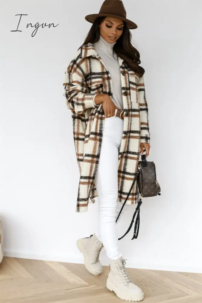 Ingvn - Women Plaid Printed Warm Jacket Autumn Winter New Fashion Casual Long Overcoat Pop Lapel Lady Single Breasted Shirt Coats