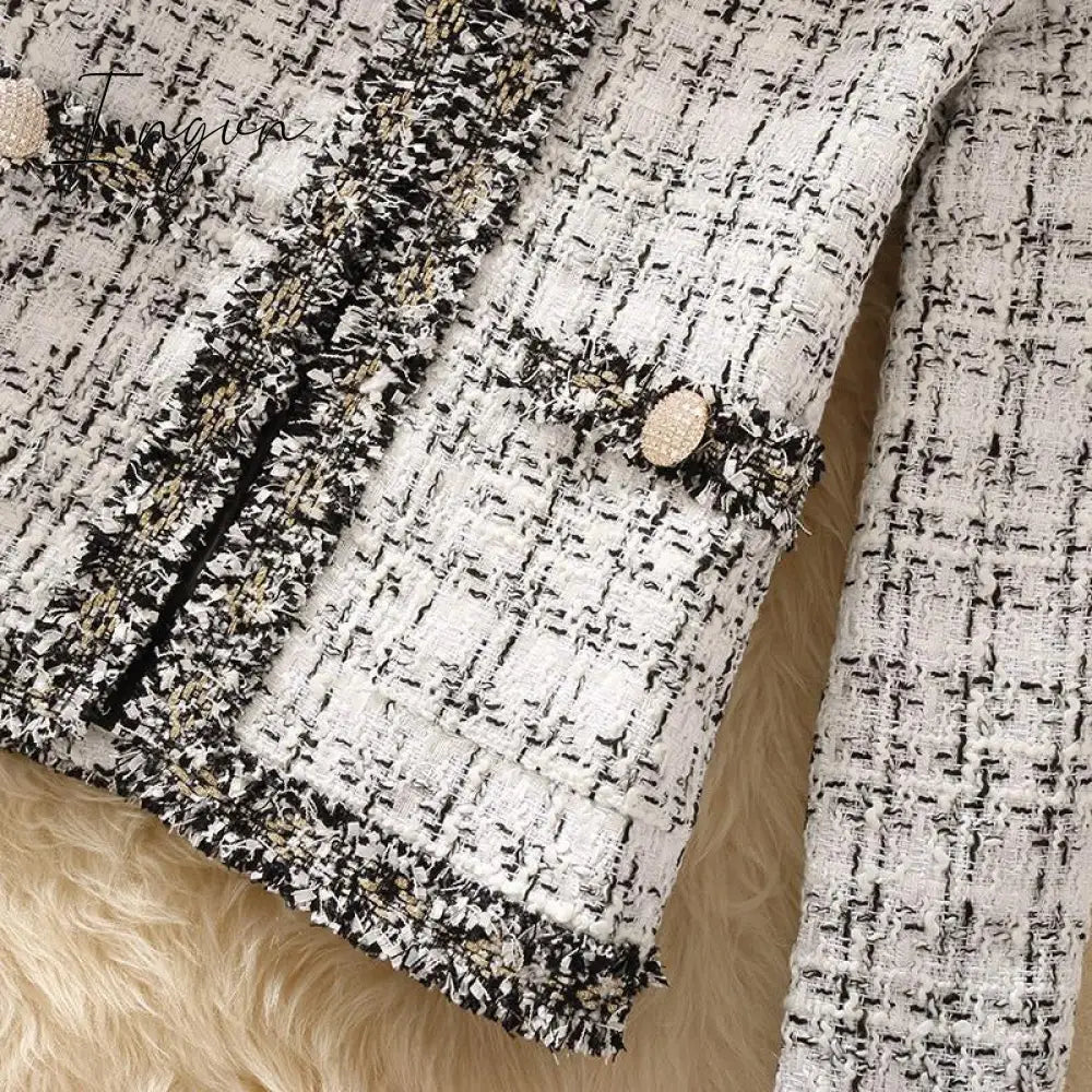 Ingvn - 2023 Trends Hot Sale Kurta For Women Cropped Tweed Coat Vintage O-Neck Open Stitch Tassel Slim Plaid Jacket Korean Blends Wool Outwear Tops Female
