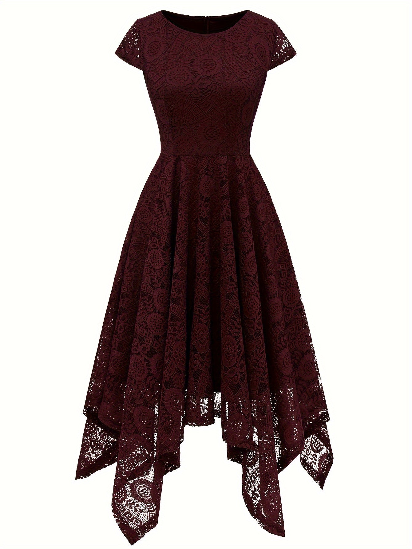 Solid Lace Asymmetrical Ruffle Hem Dress, Elegant Crew Neck Aline Dress For Wedding Party, Women's Clothing