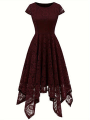 Solid Lace Asymmetrical Ruffle Hem Dress, Elegant Crew Neck Aline Dress For Wedding Party, Women's Clothing