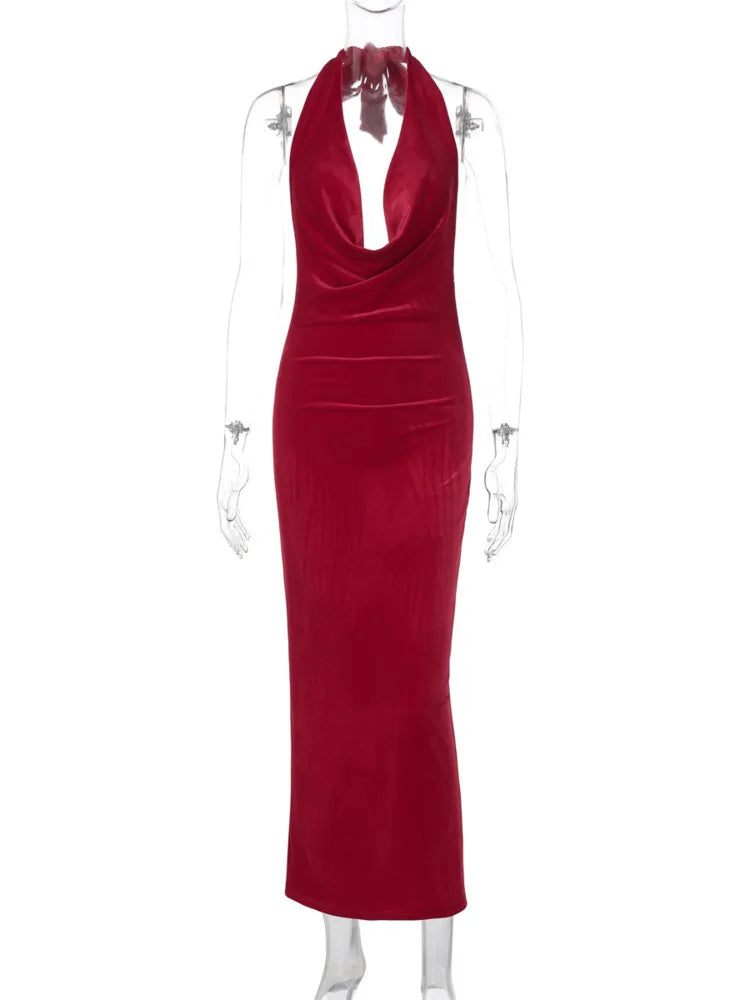 Halter Backless Sexy Maxi Dress For Women Gown Fashion Lace-up Deep V Neck Sleeveless Bodycon Split Long Dress Elegant