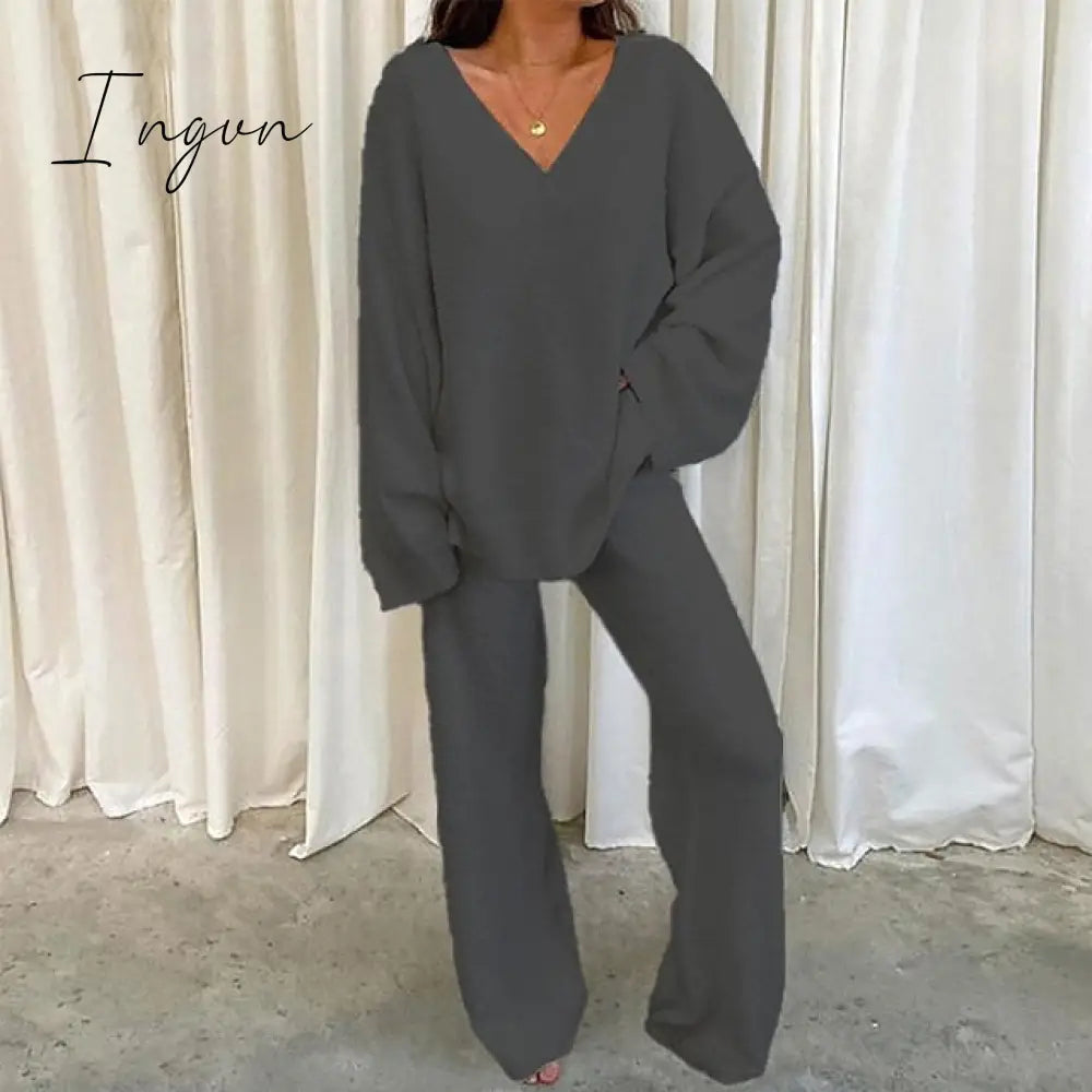 Ingvn - Women's  Lounge Sets 2 Pieces Solid Color Fleece Pajama V Neck Long Sleeve for Fall Winter White S 3XL