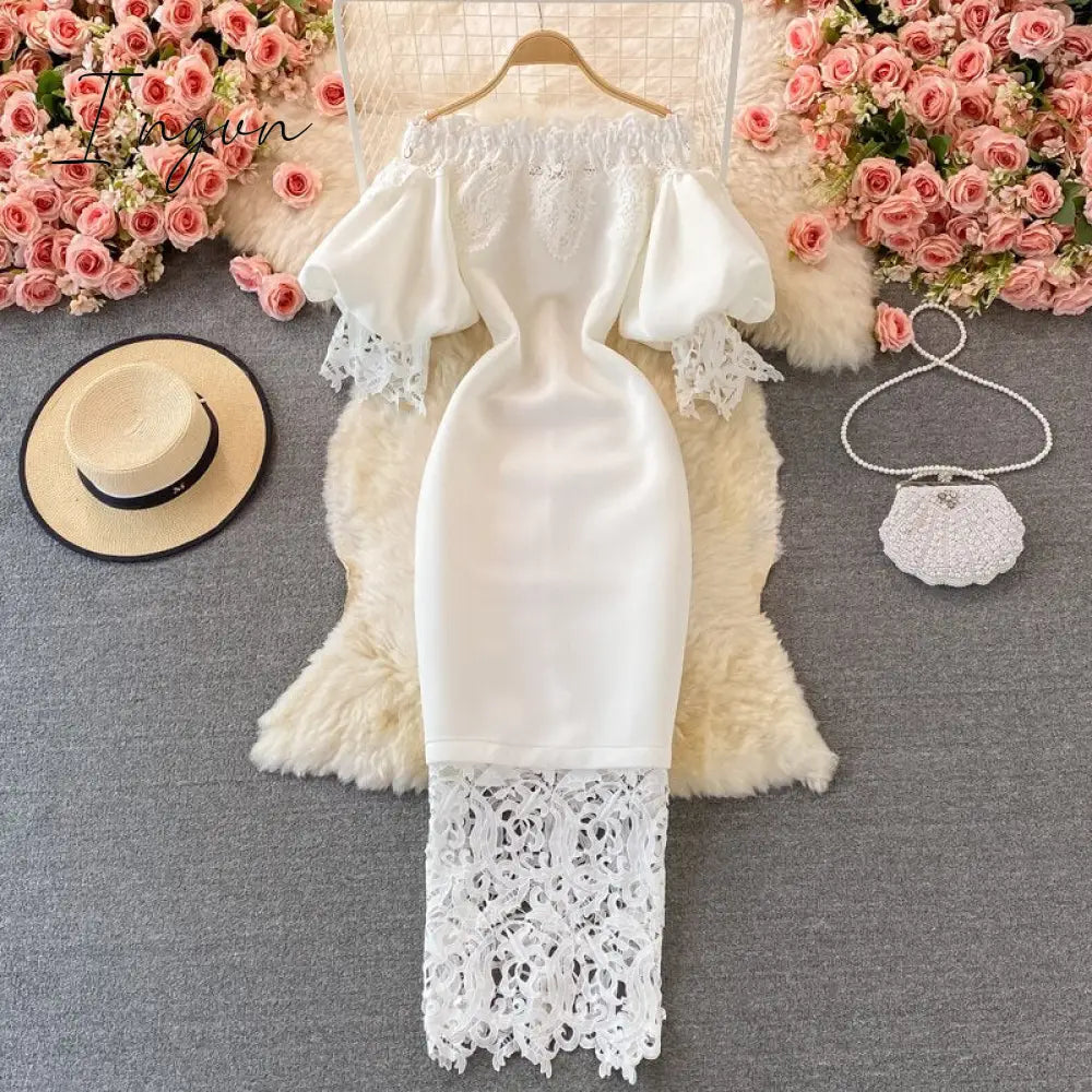 Ingvn - Sexy Hollow Out Lace Bodycon Long Dress Women Elegant Red/Pink/White Off Shoulder Patchwork Maxi Party Vestidos Autumn New