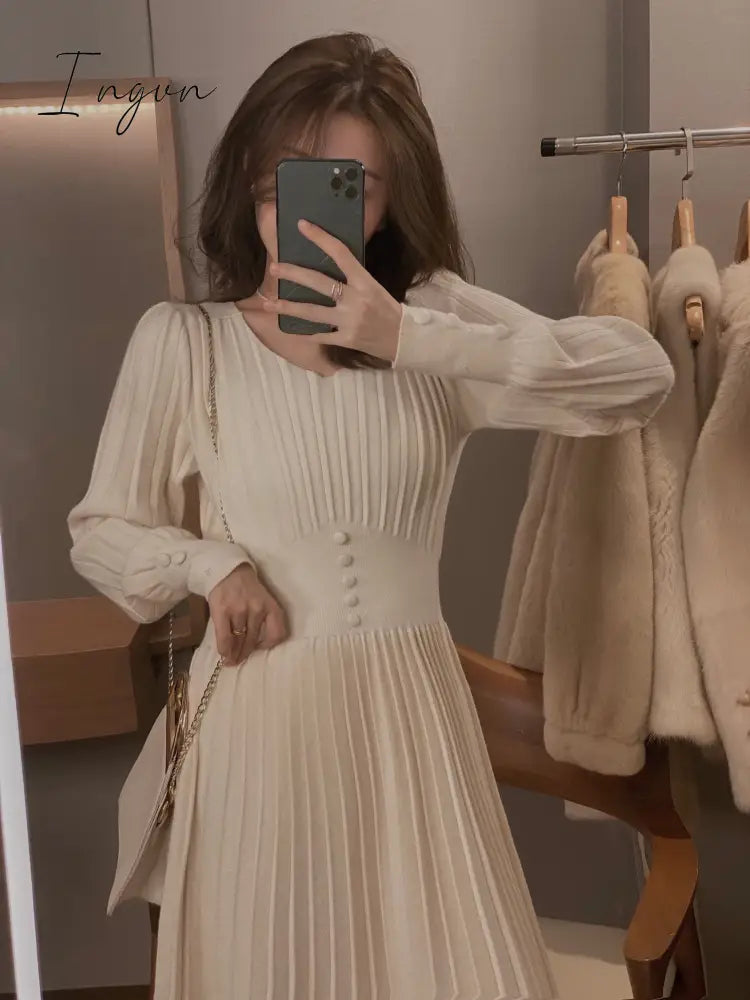 Ingvn - Knitted Dress Women Casual Long Sleeve Vintage Elegant Office Sweater Dress Female Spring One-piece Dress Korean Outerwear