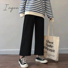 Ingvn - Cusual Pants Women Spring Summer Ankle-length Loose Wide Leg Elastic High Waist Oversize Black Simple Comfortable Elegant Ladies