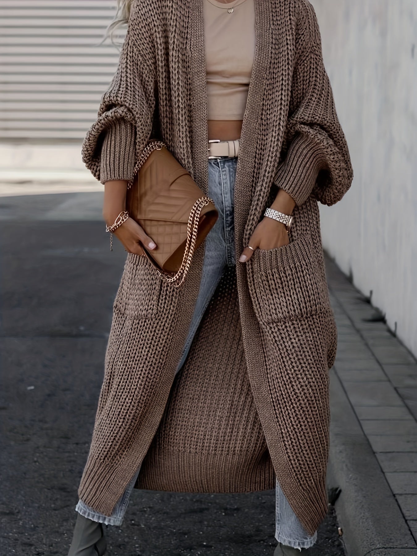 Solid Open Front Pocket Cardigan, Casual Long Sleeve Long Length Sweater For Fall & Winter, Women's Clothing