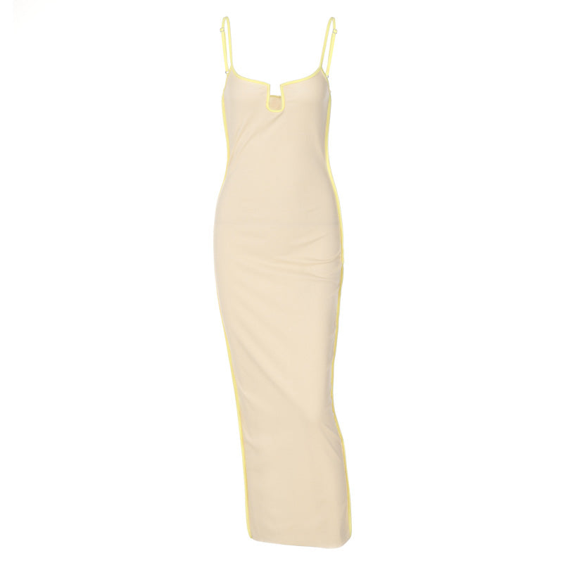 Bright Line Decoration Slip Backless U Neck Skinny Maxi Dress Spring Bodycon Fashion Y2K Streetwear Outfits