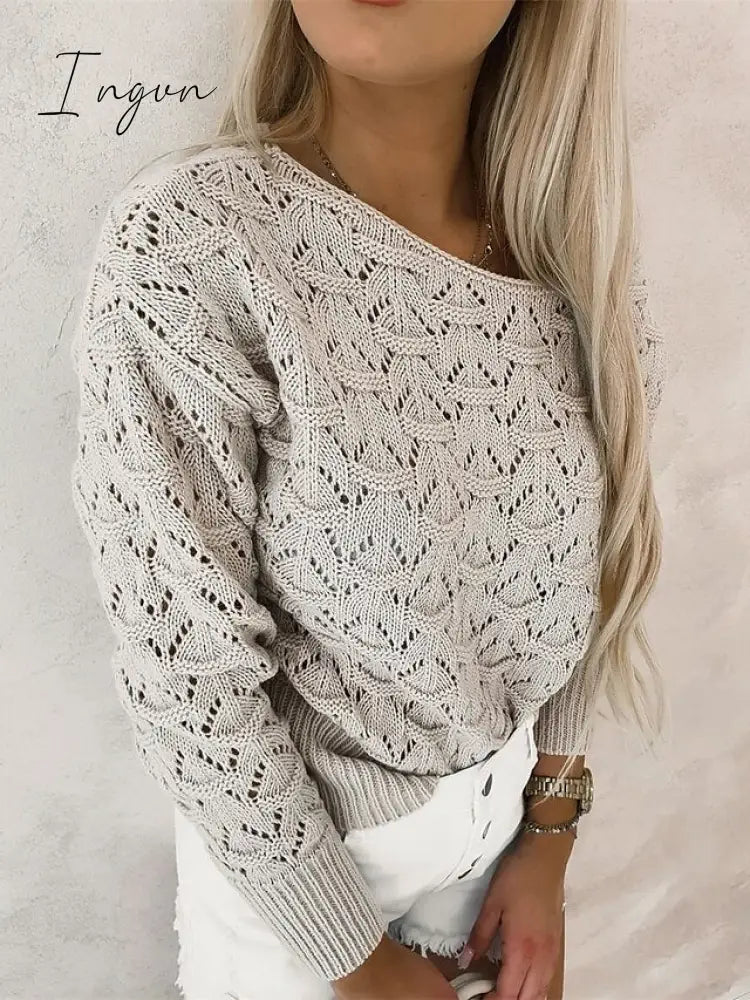 Ingvn - Women's Pullover Sweater Jumper Jumper Ribbed Knit Hollow Out Solid Color Off Shoulder Stylish Casual Outdoor Home Summer Fall Beige S M L