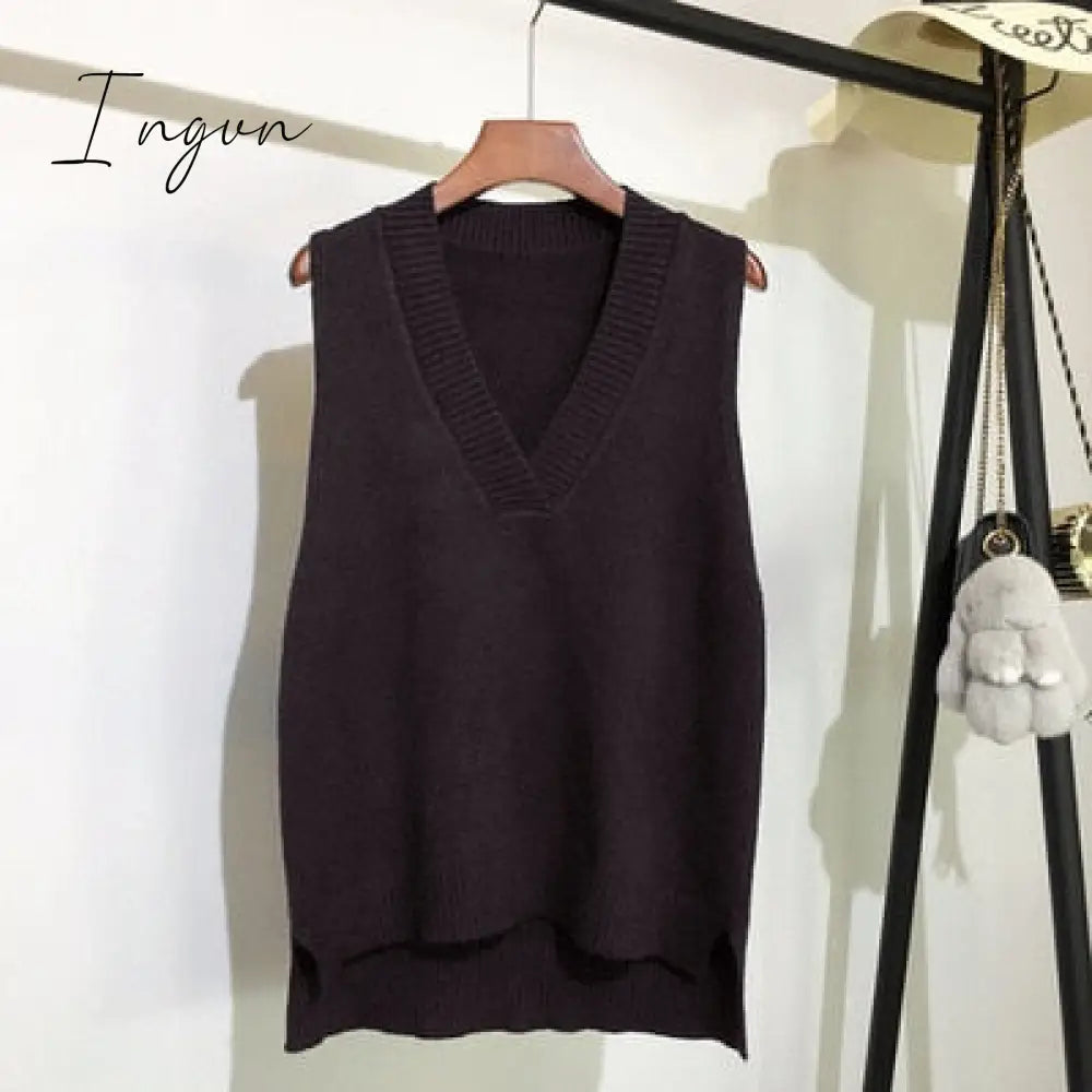 Ingvn - Autumn Women's Sweater Vest V-neck Sleeveless Irregular Casual Loose Knitted Pullover Tops Female Outerwear