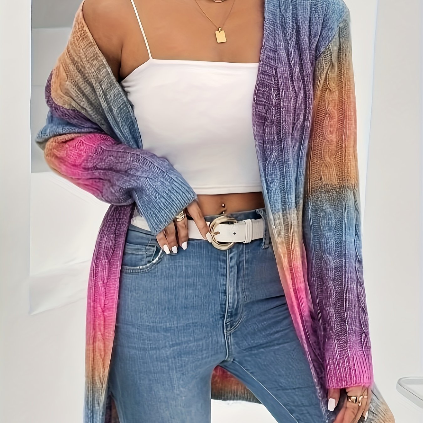 Long Sleeve Ombre Gradient Color Block Cardigan - Soft Micro Elasticity, Loose Fit, V-Neck, Raglan Sleeve, Placket Front - Perfect for Fall and Winter Seasons